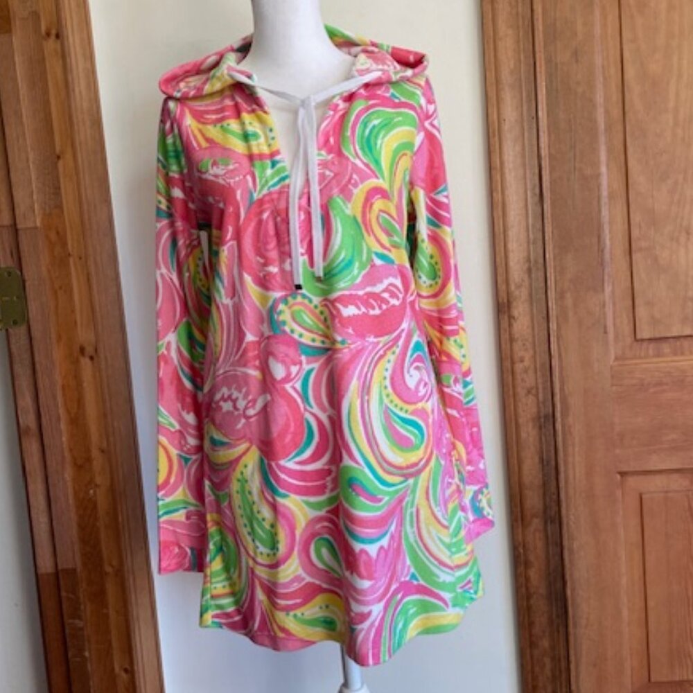 LILLY PULITZER Megan Hooded Tunic Terrycloth Swim Cover Up Pink Flamingos Small - Picture 3 of 17